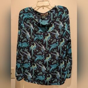 LOFT Blue and Green Bird Print Blouse Size Large